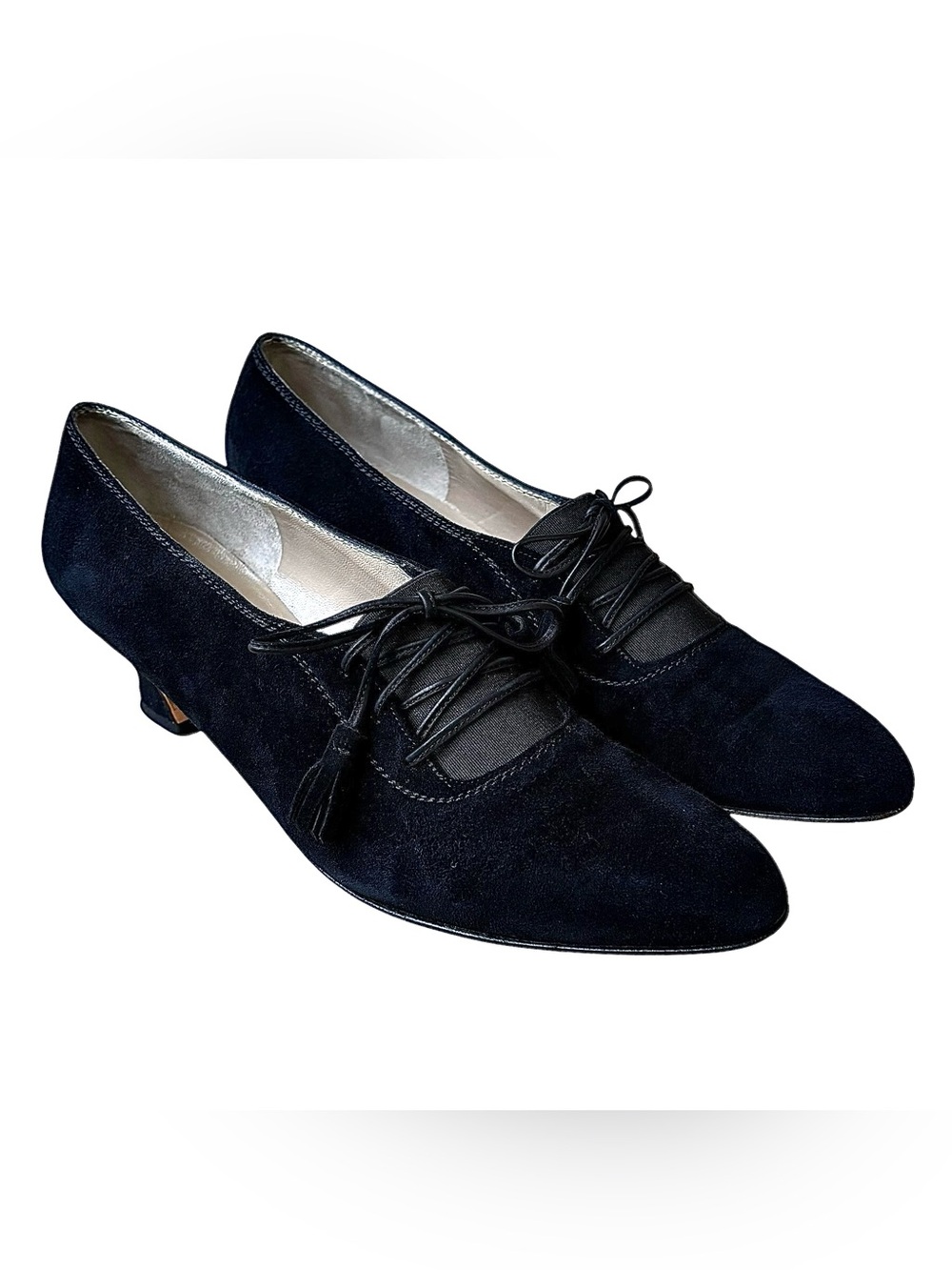 FERRAGAMO Black Suede & Elastic Leather Lace Up Heels